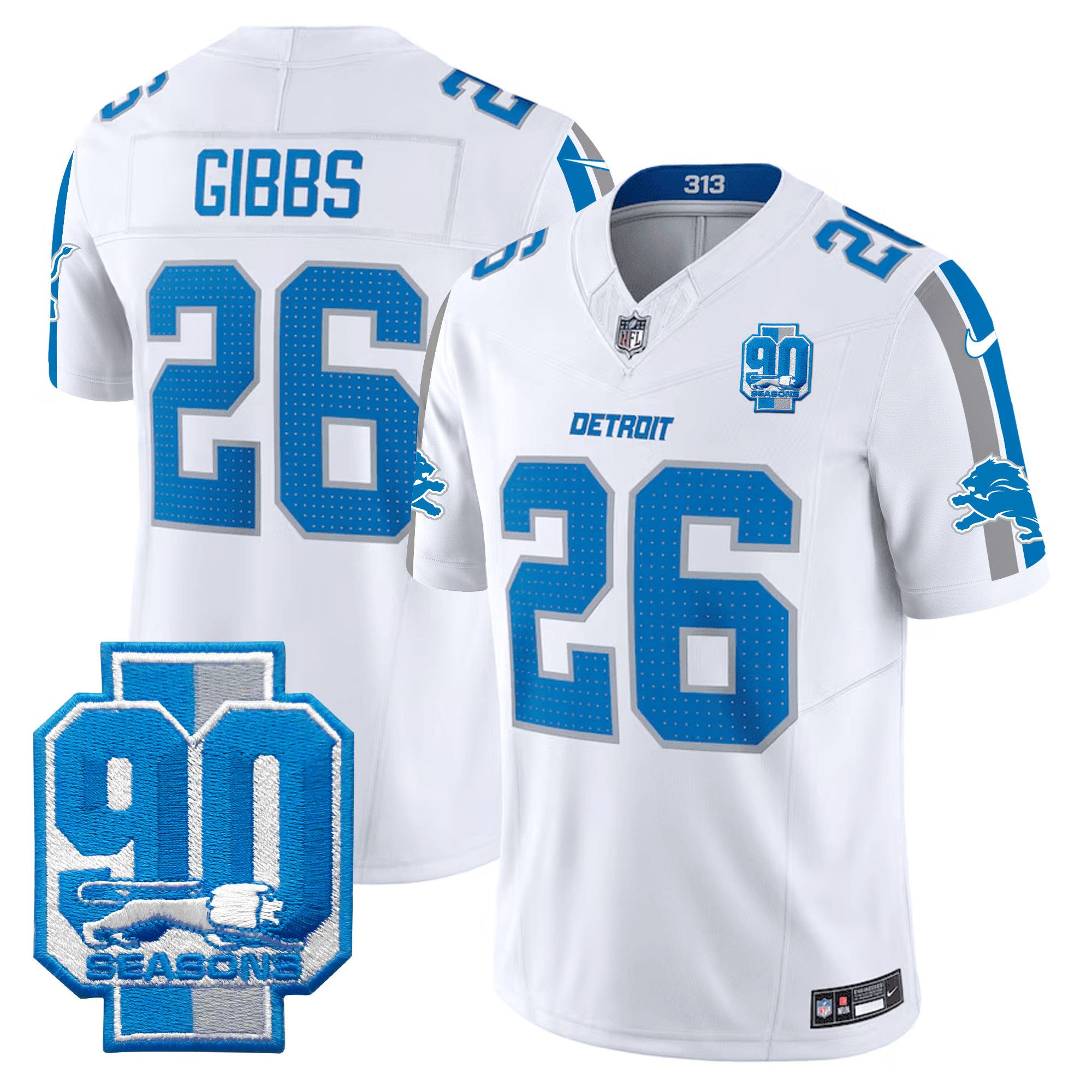 Men Detroit Lions 26 Gibb White 2024 Nike 90th Year Patch Vapor Limited NFL Jersey